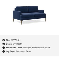 West Elm Andes Sofa Performance Velvet Ink Blue & Ottoman 