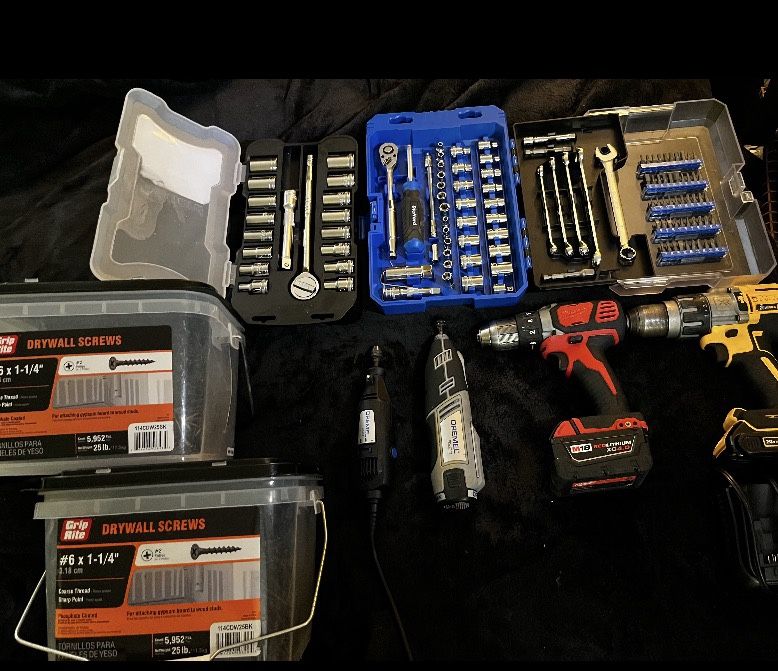 Tool Sets 3 Drills 2 Dewalts 1 Milwaukee 2 100$ Box Of Screws  2 Dremmels