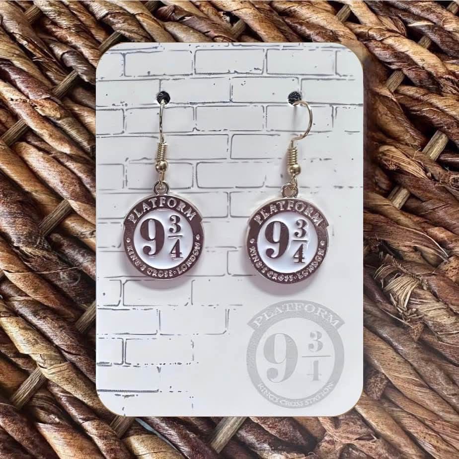 New Handmade Gold-Tone and White "Platform 9 3/4" (Harry Potter) Dangle Earrings (1.5" long x 0.75" wide)