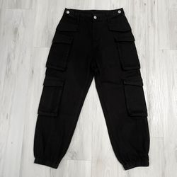 Petite Black Denim Flap Pocket Cropped Ankle Cargo Pants
