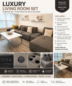 Luxury Modular Sectional Sofa Set + Coffee Table – Bluetooth, USB & Power Outlets