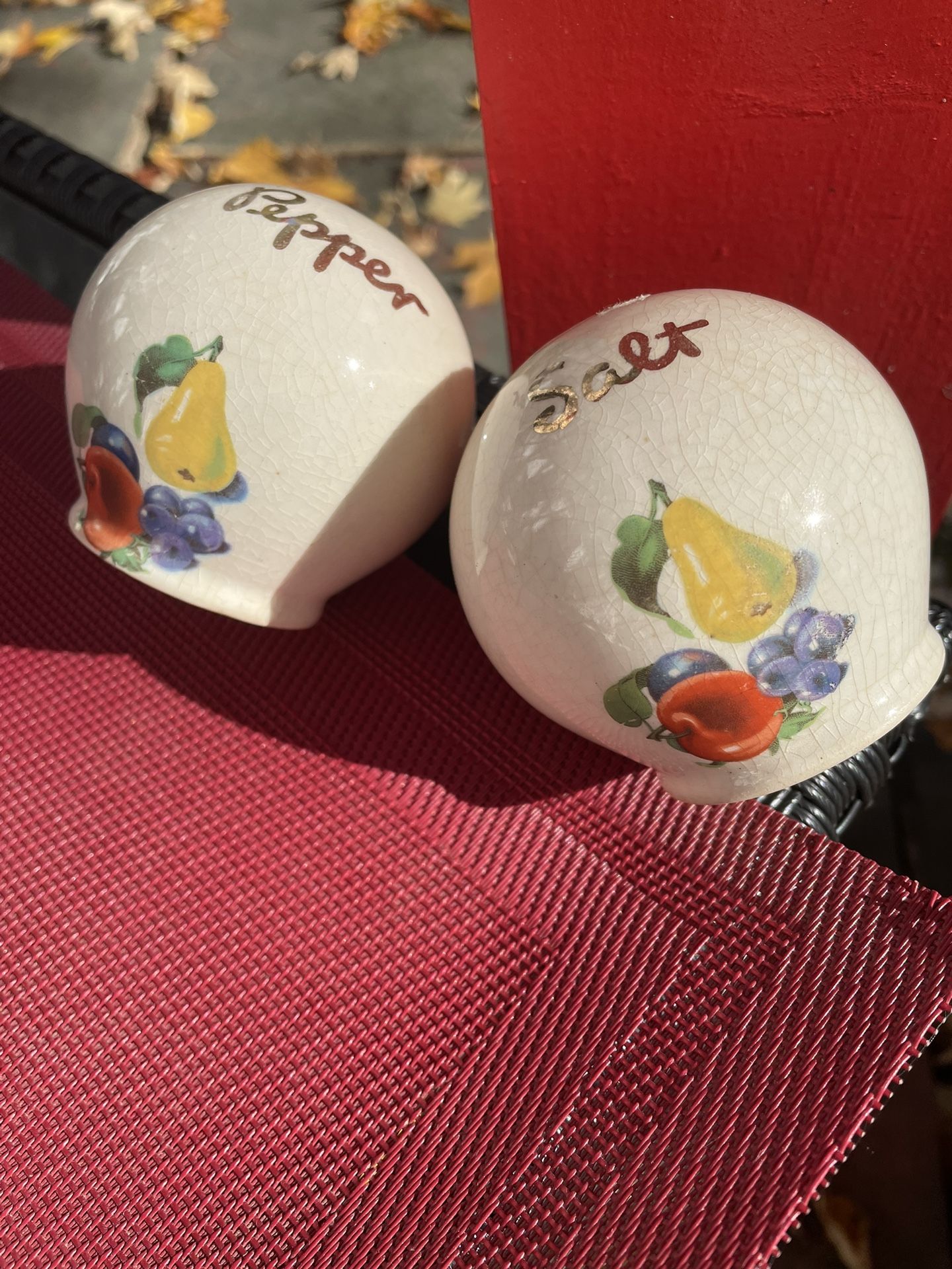 Cronin Co. Ball Shaped Salt and Pepper Shakers Pear, apple, grapes. Red trim.