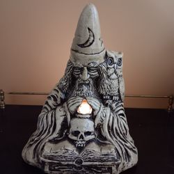 Vintage Collectible Matchless Grove 1981 Orion Wizard, Owl, & Crystal Ball On Skull On Book Candleholder 