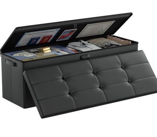 Storage Ottoman Bench,Fireproof&Waterproof Folding Bench with Lock(15”x 43”x15”),Leather Storage Chest with Handles&2 Extra Boxes,Ottoman Safe for Bed