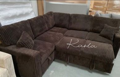 Beautiful‼️3-Pc Corduroy Convertible Sectional Sofa With Pullout Bed, Storage, And USB Port