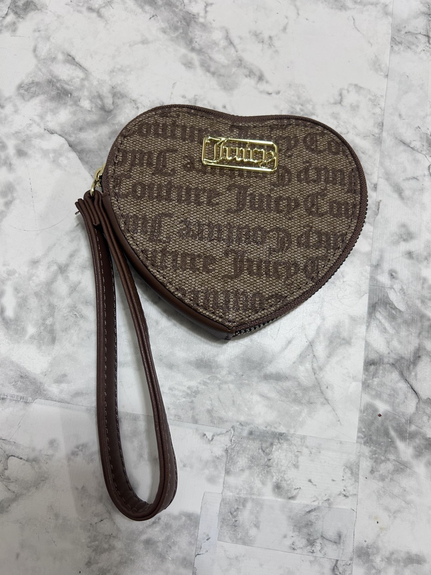 Juicy Couture Gothic Logo Chestnut Chino Gold Heart Coin Purse Wristlet 5.25"x5"