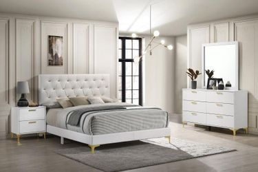 224401Q-S4✨ Brand New Luxury 4-Piece Queen Bedroom Set – Modern White & Gold Glam! ✨