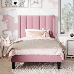 Twin Size Bed Frame, Upholstered Bed Frame with Velvet Vertical Channel Tufted Headboard, Pink   Generated by AI