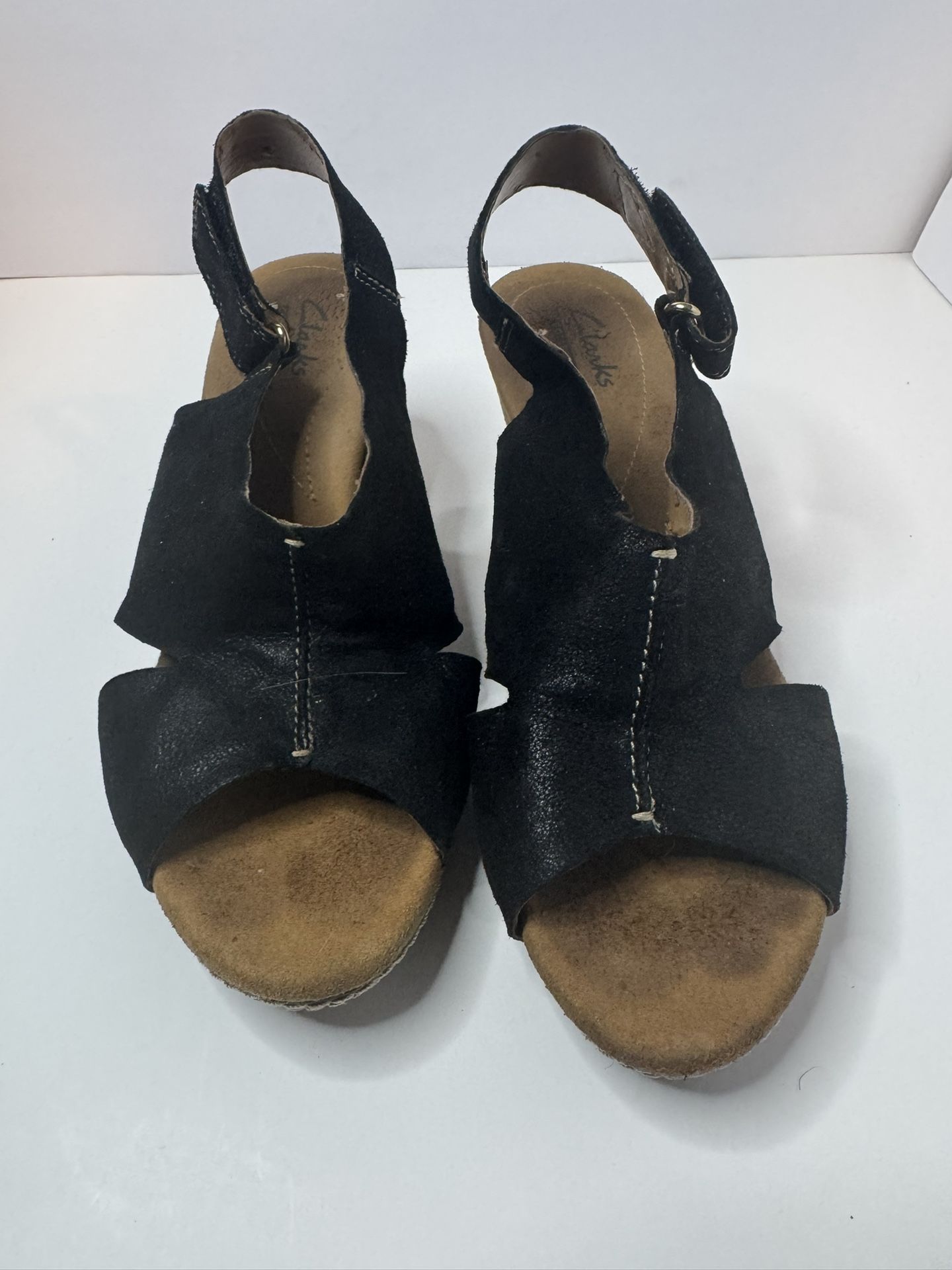 Clarks Natural 'Helio'Black Wedge Sandals Size 7.5M 