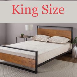 King Size - Metal and Wood Platform Bed with Headboard and Footboard