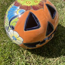 hand-painted Talavera Ceramic Jack-o'-lantern pumpkin orange base colorful floral & leaf designs