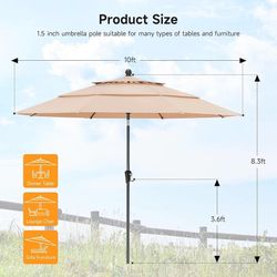 10 FT Patio Umbrella, 3 Tier Outdoor Table Umbrella with 8 Sturdy Glass Fiber Ribs and Push Button Tilt, Outdoor Patio Umbrellas for Market Pool Garde