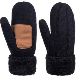 Winter Wool Mitten Gloves For Women, Warm Knit Touchscreen Thermal Cable Gloves With Thick Fleece Lining (Black)