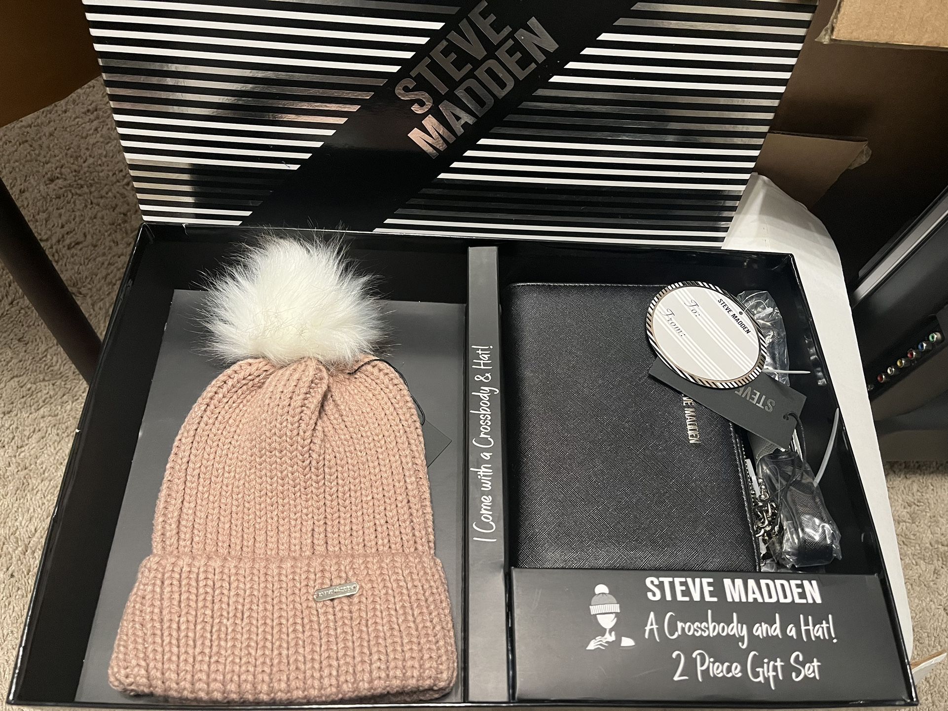Steve Madden Set Crossbody Hat Purse New Light Pink Hat Black Purse
