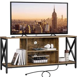 TV Stand with Power Outlets for 65 inch TV, Industrial Entertainment Center TV Console with Charging Station, TV Cabinet with Open Storage Shelves for