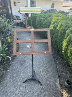 Antique Oak And Wrought Iron Sheet Music Stand w/Vintage Brass Light