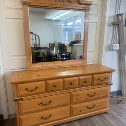 Solid Pine 7-Drawer Dresser with Matching Mirror