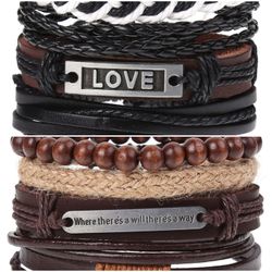 2 x Set Adjust. Size up to 9.5inc Leather Bracelet, (Love-Will/Way)