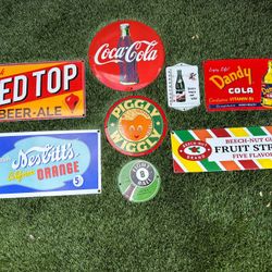 Porcelain Gas & Soda Advertising Sign Lot – 8 Signs – Coca Cola, Piggly Wiggly, Nesbitt’s – Heavy 18 Gauge Steel, 8 Pieces, 