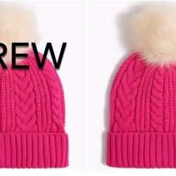 (NEW) (SET OF 2) WOMEN’S J.CREW FACTORY PINK CABLE POM BEANIE- SIZE: OS (ONE SIZE)