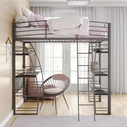 DHP Sage Studio Twin Metal Loft Bed with Integrated Desk and Shelves, Silver 