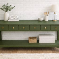 Refinished Rich Olive Green Console Table / Sofa Table with 6 Drawers
