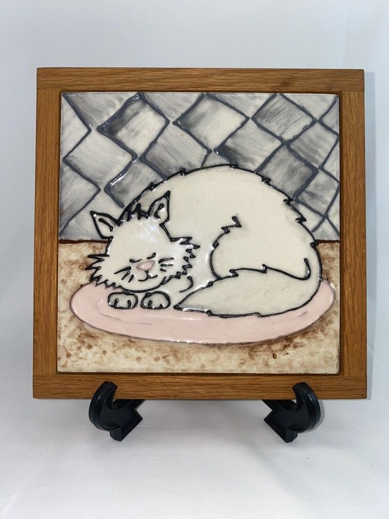 Ceramic Glazed Relief Art Deco Tile by Lizzie "Sleeping Kitty" in Oak Frame