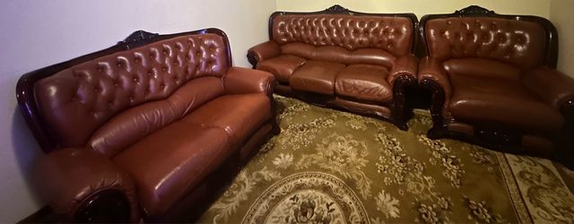 3-Piece Leather Brown Sofa Set
