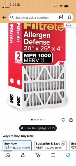 Filtrete Allergen Defense MPR 1000 MERV 11 20” x 25” x 4” (2 pack)