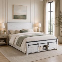 White Farmhouse Queen Size Platform Bed Frame with Headboard and 3 Barn Door Storage Cabinets.