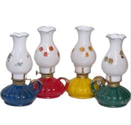 Vintage Kasuga Ware Miniature Oil Kerosene Lamps Complete Set 7.5" Japan