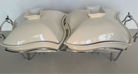 Set of 2 Cream Glazed Ceramic Covered Serving Dishes with Chrome Rack