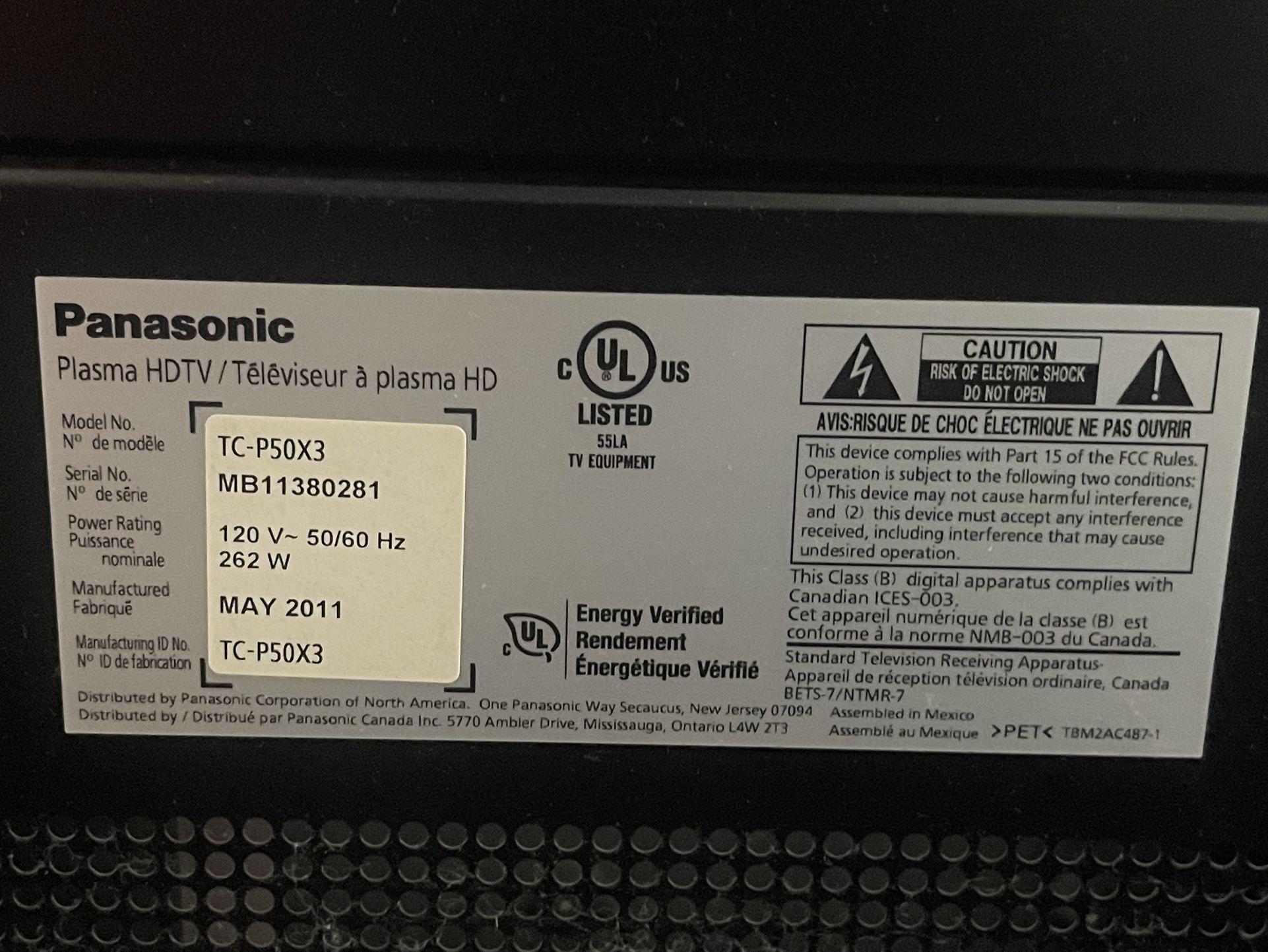 Panasonic TC-P5OX3 50” TV With Remote And Manual