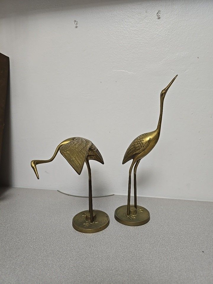 Vintage Leonard Silver Pair Of Solid Brass Cranes/Egrets/Herons/Shore Birds MCM