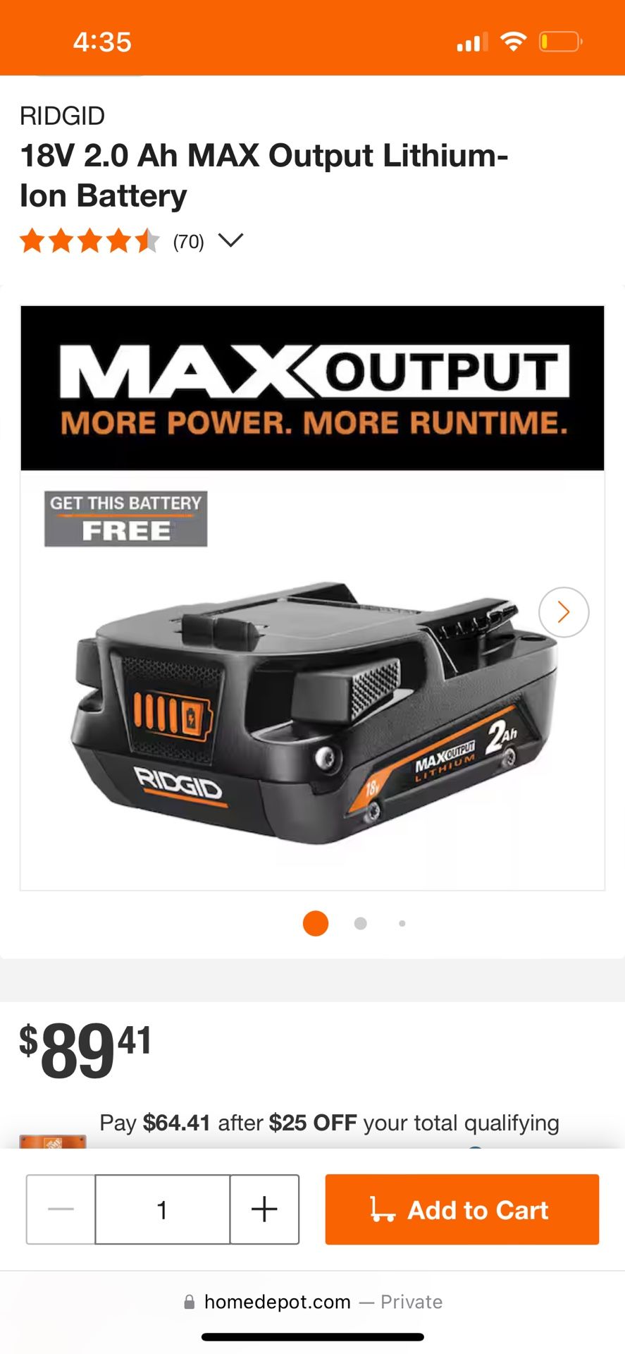 18v 2.0 Ah MAX Output Lithium -ion Battery Rigid