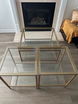 Gold-Framed Glass Coffee Table & End Tables – Used