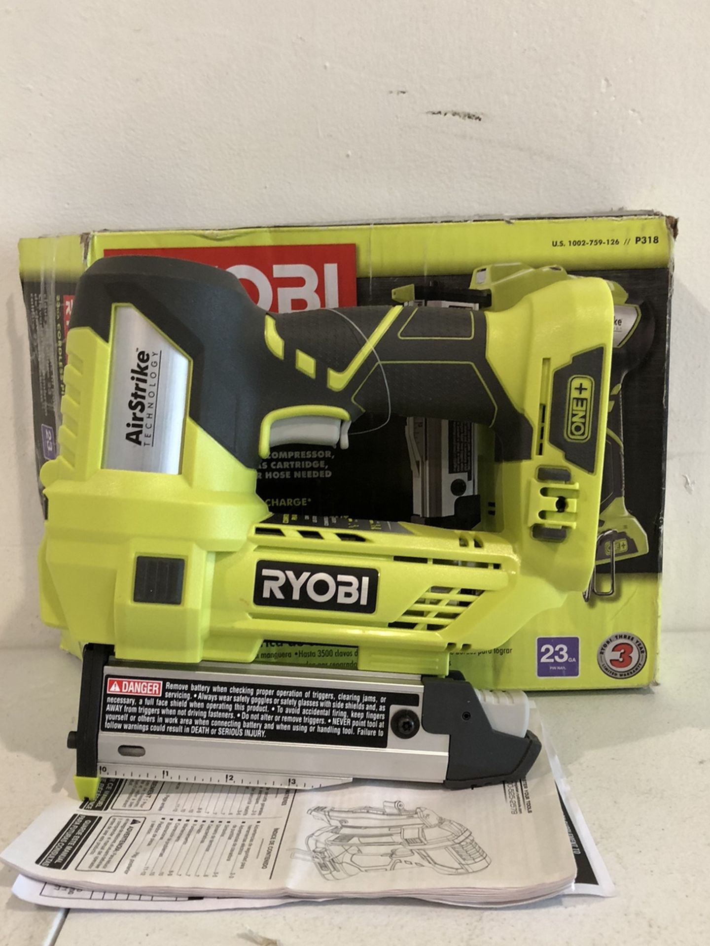 RYOBI 18 Volt ONE+ Lithium Ion Cordless AirStrike 23 Gauge 3/8