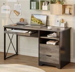 48 in. Rectangular Gray Reversible Office Desk with File Drawer and Pull-Out Shelf, Writing Desk with Keyboard Tray