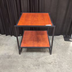 Black Metal Two-Tier End Table with Cherry-Finish Shelves