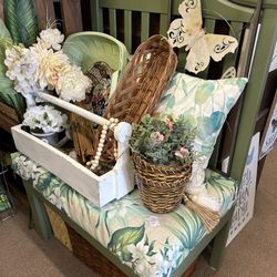 Vintage Green Wood & Fabric Bench 