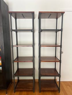 Pair of West Elm narrow pipe bookcases
