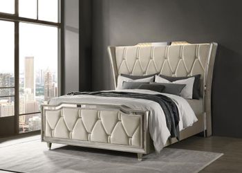 Queen LED Upholstered Wingback Bed Ivory and Camel Art Deco Style Glam Cama