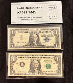 "Unique 1957 Silver Certificate & 2006 Bill — Same Serial Number!"