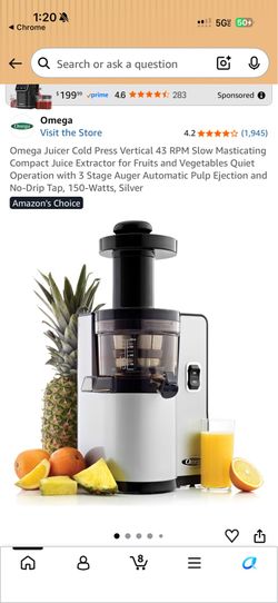 Omega Cold Press Vertical Juicer 43 RPM Slow Masticating