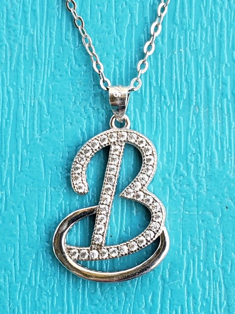 NEW STERLING SILVER NECKLACE WITH CZ LETTER B INITIAL 