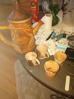 Carved Wooden Teapot and Cups Set
