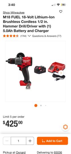 M18 FUEL 18-Volt Lithium-lon Brushless Cordless 1/2 in. Hammer Drill/Driver with 5.0Ah Battery and Charger
