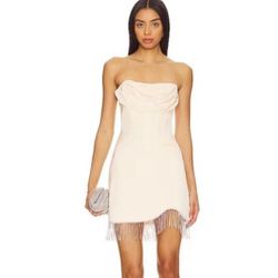 Chantria Mini Dress Ivory NBD Revolve strapless rhinestone fringe boned corset Size Small