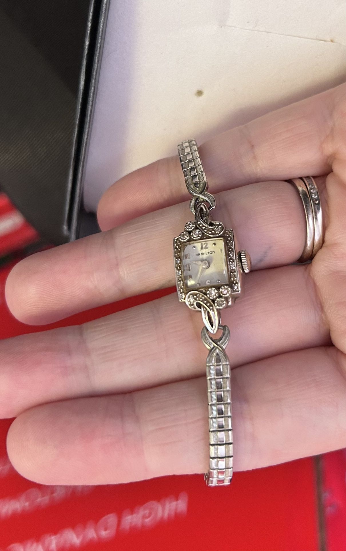 10kt White Gold W/diamonds Woman’s Vintage Watch