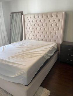 QUEEN SIZE BEIGE UPHOLSTERY BED FRAME ONLY PICK UP TODAY